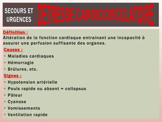 Définition :
Altération de la fonction cardiaque entrainant une incapacité à
assurer une perfusion suffisante des organes.
Causes :
 Maladies cardiaques
 Hémorragie
 Brûlures, etc.
Signes :
 Hypotension artérielle
 Pouls rapide ou absent = collapsus
 Pâleur
 Cyanose
 Vomissements
 Ventilation rapide
 