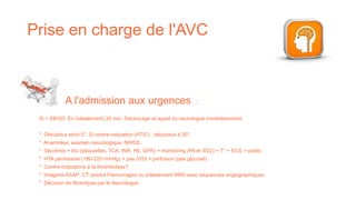 Prise en charge de l'AVC
Si < 04H30: En (idéalement) 20 min: Déchocage et appel du neurologue immédiatement.
* Décubitus strict 0°. Si contre-indication (HTIC) : décubitus à 30°.
* Anamnèse, examen neurologique, NIHSS.
* Glycémie + bio (plaquettes, TCA, INR, Hb, GFR) + monitoring (PA et SO2) + T° + ECG + poids.
* HTA permissive (180-220 mmHg) + pas d'O2 + perfusion (pas glucosé).
* Contre-indications à la thrombolyse?
* Imagerie ASAP: CT (exclut l'hémorragie) ou (idéalement IRM) avec séquences angiographiques.
* Décision de fibrinolyse par le Neurologue.
A l'admission aux urgences :
 