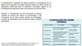 La identificación cualitativa del edema cerebral y la delineación de su
patrón en los estudios de imagen también pueden ser útiles cuando un
diagnóstico diferencial para la disfunción neurológica aguda no es
inmediatamente aparente a partir de la historia y el examen físico.
Además, la identificación del tipo dominante de edema
cerebral en función del patrón de neuroimagen y del
mecanismo de la lesión puede orientar las estrategias
iniciales de tratamiento para minimizar la lesión cerebral
secundaria
Piano, A., Zurita Santisteban, R., Bernal Basurto, R., & Muñoz, C. M.
(2023). Edema cerebral y manejo de la presión intracraneal
 