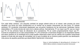 Con cada latido cardíaco, una pequeña cantidad de sangre arterial entra en el cráneo; este proceso da como
resultado una forma de onda característica en el monitor de la presión intracraneal con tres picos: P1 (sístole
cardíaca), P2 (contenido intracraneal desplazado que encuentra resistencia de las estructuras cerebrales menos
distensibles) y P3 (onda dícrota del cierre de la válvula aórtica). Normalmente, P1 es mayor que P2, que es mayor
que P3. En las primeras fases de afectación de la compliancia, P2 se vuelve progresivamente mayor que P1.
Cuando la compliancia se ve más comprometida, P1 y P2 comienzan a fusionarse (Imagen 2). Es importante reseñar
que estos cambios en la morfología de la onda pueden observarse antes que los valores de la presión intracraneal
superen el límite alto del rango de normalidad, por lo que el análisis de su contorno podría permitir una identicación
más precoz de aquellos pacientes que desarrollarán hipertensión intracraneal
Piano, A., Zurita Santisteban, R., Bernal Basurto, R., & Muñoz, C. M.
(2023). Edema cerebral y manejo de la presión intracraneal
 