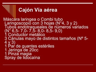 Cajón Vía aérea Máscara laringea o Combi tubo Laringoscopio con 3 hojas (N°4, 3 y 2) Tubos endotraqueales de números variados (N° 6,5- 7,0- 7,5- 8,0- 8,5- 9,0) 1 Conductor metálico 3 Cánulas mayo de distintos tamaños (Nº 5- 4 y 3) 1 Par de guantes estériles 1 Jeringa de 20cc 1 Pinza magia Spray de lidocaína 