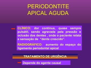 PERIODONTITE
      APICAL AGUDA

CLÍNICO: dor contínua, quase sempre
pulsátil, sendo agravada pela pressão e
oclusão dos dentes , onde o paciente relata
a sensação de “dente crescido”.
RADIOGRÁFICO: aumento do espaço do
ligamento periodontal apical

    TRATAMENTO DE URGÊNCIA

   Depende do agente causal
 
