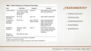 ¿TRATAMIENTO?
Management of Obstetric Hemorrhage. ACOG, 2012
• FARMACOLÓGICO
• CRISTALOIDE
• HEMODERIVADOS
• MANIOBRAS
• QUIRÚRGICO
 