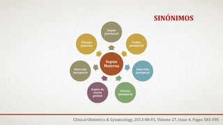 SINÓNIMOS
Sepsis
Materna
Sepsis
puerperal
Fiebre
puerperal
Infección
puerperal
Pirexia
puerperal
Sepsis de
tracto
genital
Infección
intraparto
Pirexia
materna
Clinical Obstetrics & Gynaecology, 2013-08-01, Volume 27, Issue 4, Pages 583-595
 