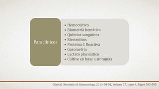 • Hemocultivo
• Biometría hemática
• Química sanguínea
• Electrolitos
• Proteína C Reactiva
• Gasometría
• Lactato plasmático
• Cultivo en base a síntomas
Paraclínicos
Clinical Obstetrics & Gynaecology, 2013-08-01, Volume 27, Issue 4, Pages 583-595
 