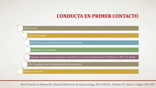 CONDUCTA EN PRIMER CONTACTO
Best Practice & Research: Clinical Obstetrics & Gynaecology, 2013-08-01, Volume 27, Issue 4, Pages 583-595
Medir lactato
Cultivos de sangre
Antibióticos de amplio espectro (En la primera hora)
Reanimación con líquidos
Agregar vasopresores (norepinefrina, epinefrina) e inotrópicos (dobutamina)  Mantener TAM > 65 mmHg
PVC 8 mmHg o sobre 12 mmHg (ventilación mecánica)
Mantener SAT 94%
 