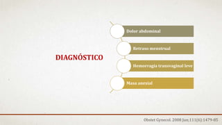 DIAGNÓSTICO
Dolor abdominal
Retraso menstrual
Hemorragia transvaginal leve
Masa anexial
Obstet Gynecol. 2008 Jun;111(6):1479-85
 