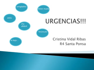 Cristina Vidal Ribas 
R4 Santa Ponsa 
Dolor muela 
amigdalitis 
otitis 
ITU 
afebril 
forúnculo 
la baja… 
 