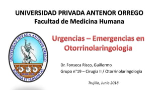 UNIVERSIDAD PRIVADA ANTENOR ORREGO
Facultad de Medicina Humana
Dr. Fonseca Risco, Guillermo
Grupo n°19 – Cirugia II / Otorrinolaringologia
Trujillo, Junio 2018
 