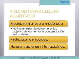 VOLUMEN EXTRACELULAR
AUMENTADO
Hiponatremia leve o moderada
•No iniciar tratamiento con el único
objetivo de aumentar la concentración
sérica de Na.
Restricción de líquidos.
No usar vaptanes ni tetraciclinas.
European Journal of Endocrinology (2014) 170, G1–G47
Algoritmo
 
