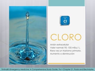 CLORO
Anión extracelular
Valor normal: 95 -105 mEq / L.
Rara vez un trastorno primario.
Aumento o disminución
Tintinalli's Emergency Medicine: A Comprehensive Study Guide, 7e > Chapter 21. Fluids and Electrolytes
 