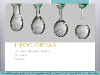 HIPOCLOREMIA
Principios de enfermedad
Síntomas
Manejo
Tintinalli's Emergency Medicine: A Comprehensive Study Guide, 7e > Chapter 21. Fluids and Electrolytes
 