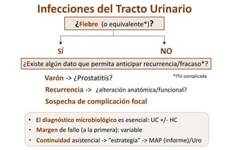 Infecciones del Tracto Urinario
¿Fiebre (o equivalente*)?
NO
• El diagnóstico microbiológico es esencial: UC +/- HC
• Continuidad asistencial -> “estrategia” -> MAP (informe)/Uro
• Margen de fallo (a la primera): variable
SÍ
¿Existe algún dato que permita anticipar recurrencia/fracaso*?
Varón -> ¿Prostatitis?
Recurrencia -> ¿alteración anatómica/funcional?
Sospecha de complicación focal
*ITU complicada
 