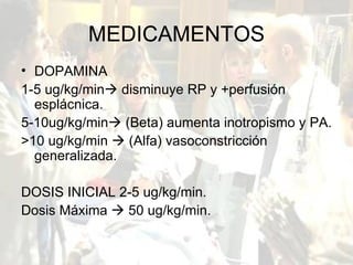 MEDICAMENTOS DOPAMINA 1-5 ug/kg/min   disminuye RP y +perfusión esplácnica. 5-10ug/kg/min   (Beta) aumenta inotropismo y PA. >10 ug/kg/min    (Alfa) vasoconstricción generalizada. DOSIS INICIAL 2-5 ug/kg/min. Dosis Máxima    50 ug/kg/min. 