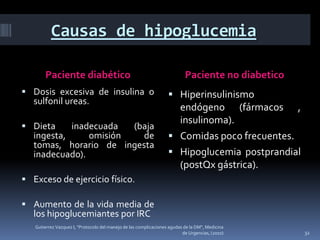 Causas de hipoglucemia

       Paciente diabético                                                  Paciente no diabetico
 Dosis excesiva de insulina o                                      Hiperinsulinismo
   sulfonil ureas.
                                                                     endógeno (fármacos ,
                                                                     insulinoma).
 Dieta     inadecuada  (baja
   ingesta,     omisión   de                                        Comidas poco frecuentes.
   tomas, horario de ingesta
   inadecuado).                                                     Hipoglucemia postprandial
                                                                     (postQx gástrica).
 Exceso de ejercicio físico.

 Aumento de la vida media de
   los hipoglucemiantes por IRC
   Gutierrez Vazquez I, "Protocolo del manejo de las complicaciones agudas de la DM", Medicina
                                                                          de Urgencias, (2010)     32
 