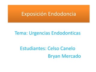 Exposición Endodoncia
Tema: Urgencias Endodonticas

Estudiantes: Celso Canelo
Bryan Mercado

 