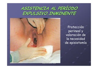 ASISTENCIA AL PERÍODO
 EXPULSIVO.INMINENTE


                                             Protección
                                              perineal y
                                            valoración de
                                            la necesidad
                                           de episiotomía




      Área de Salud de Badajoz. Hospital
            Materno-Infantil. 2008
            Materno-
 