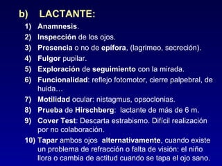 b)
1)
2)
3)
4)
5)
6)
7)
8)
9)
10)

LACTANTE:
Anamnesis.
Inspección de los ojos.
Presencia o no de epífora, (lagrimeo, secreción).
Fulgor pupilar.
Exploración de seguimiento con la mirada.
Funcionalidad: reflejo fotomotor, cierre palpebral, de
huida…
Motilidad ocular: nistagmus, opsoclonias.
Prueba de Hirschberg: lactante de más de 6 m.
Cover Test: Descarta estrabismo. Difícil realización
por no colaboración.
Tapar ambos ojos alternativamente, cuando existe
un problema de refracción o falta de visión: el niño
llora o cambia de actitud cuando se tapa el ojo sano.

 