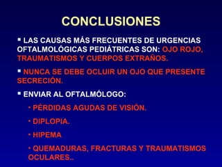CONCLUSIONES
 LAS CAUSAS MÁS FRECUENTES DE URGENCIAS
OFTALMOLÓGICAS PEDIÁTRICAS SON: OJO ROJO,
TRAUMATISMOS Y CUERPOS EXTRAÑOS.

 NUNCA SE DEBE OCLUIR UN OJO QUE PRESENTE
SECRECIÓN.

 ENVIAR AL OFTALMÓLOGO:
• PÉRDIDAS AGUDAS DE VISIÓN.
• DIPLOPIA.
• HIPEMA
• QUEMADURAS, FRACTURAS Y TRAUMATISMOS
OCULARES..

 