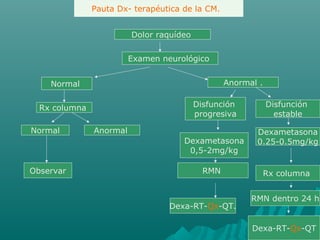 Pauta Dx- terapéutica de la CM.
Dolor raquídeo
Examen neurológico
Normal Anormal .
Rx columna
Normal Anormal
Observar
Disfunción
progresiva
Dexametasona
0,5-2mg/kg
RMN
Dexa-RT-Qx-QT.
Disfunción
estable
Dexametasona
0.25-0.5mg/kg
Rx columna
RMN dentro 24 h
Dexa-RT-Qx-QT
 