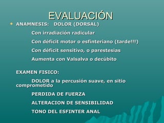 EVALUACIÓNEVALUACIÓN
 ANAMNESIS: DOLOR (DORSAL)ANAMNESIS: DOLOR (DORSAL)
Con irradiación radicularCon irradiación radicular
Con déficit motor o esfinteriano (tarde!!!)Con déficit motor o esfinteriano (tarde!!!)
Con déficit sensitivo, o parestesiasCon déficit sensitivo, o parestesias
Aumenta con Valsalva o decúbitoAumenta con Valsalva o decúbito
EXAMEN FISICO:EXAMEN FISICO:
DOLOR a la percusión suave, en sitioDOLOR a la percusión suave, en sitio
comprometidocomprometido
PERDIDA DE FUERZAPERDIDA DE FUERZA
ALTERACION DE SENSIBILIDADALTERACION DE SENSIBILIDAD
TONO DEL ESFINTER ANALTONO DEL ESFINTER ANAL
 