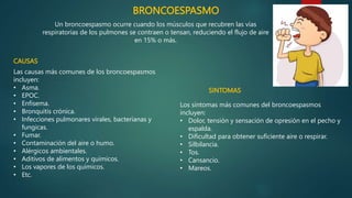 BRONCOESPASMO
Un broncoespasmo ocurre cuando los músculos que recubren las vías
respiratorias de los pulmones se contraen ...
