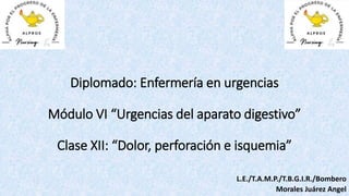 Diplomado: Enfermería en urgencias
Módulo VI “Urgencias del aparato digestivo”
Clase XII: “Dolor, perforación e isquemia”
L.E./T.A.M.P./T.B.G.I.R./Bombero
Morales Juárez Angel
 