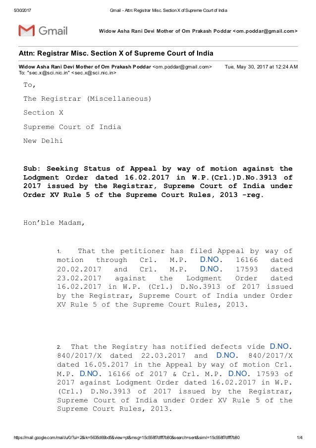Urgency Letter to Registrar Misc. Supreme Court of India dated 30.05.…
