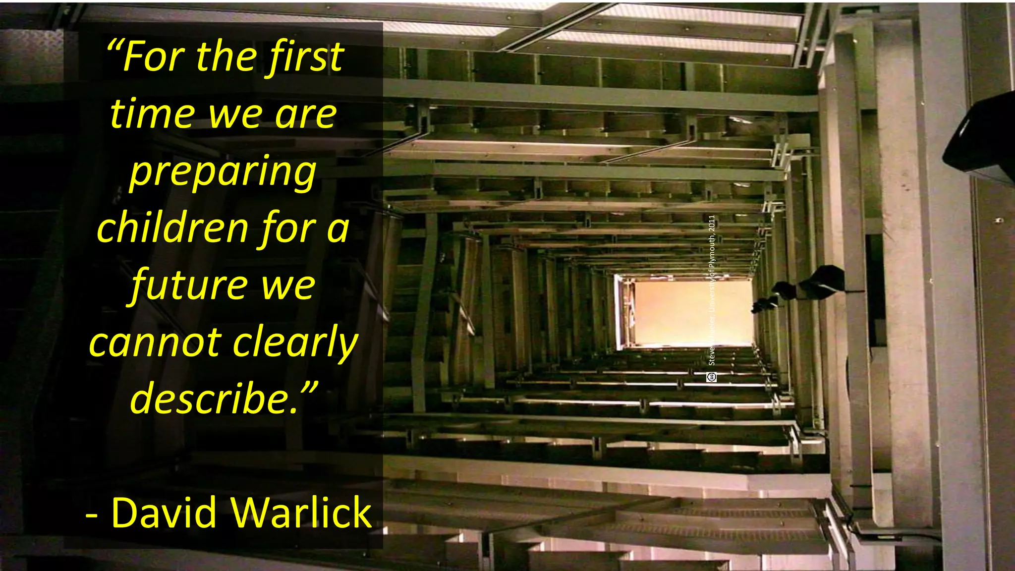 “For the first
time we are
preparing
children for a
future we
cannot clearly
describe.”
- David Warlick
Steve
Wheeler,
University
of
Plymouth,
2011
 