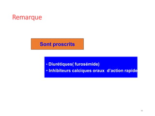 Remarque
48
Sont proscrits
• Diurétiques( furosémide)
• Inhibiteurs calciques oraux d’action rapide
 