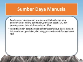 Sumber Daya Manusia
• Perekrutan / penggunaan jasa personel/pihak ketiga yang
berkeahlian di bidang pendataan, penilaian asset SDA, dan
pemrograman sistem informasi asset SDA
• Pendidikan dan pelatihan bagi SDM Pusat maupun daerah dalam
hal pendataan, penilaian, dan penggunaan sistem informasi asset
SDA
 