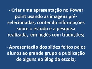 - Criar uma apresentação no Power point usando as imagens pré-selecionadas, contendo informações  sobre o estudo e a pesquisa realizada,  em Inglês com traduções;- Apresentação dos slides feitos pelos alunos ao grande grupo e publicação de alguns no Blog da escola; 