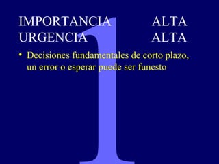 IMPORTANCIA                     ALTA
URGENCIA                        ALTA
• Decisiones fundamentales de corto plazo,
  un error o esperar puede ser funesto
 