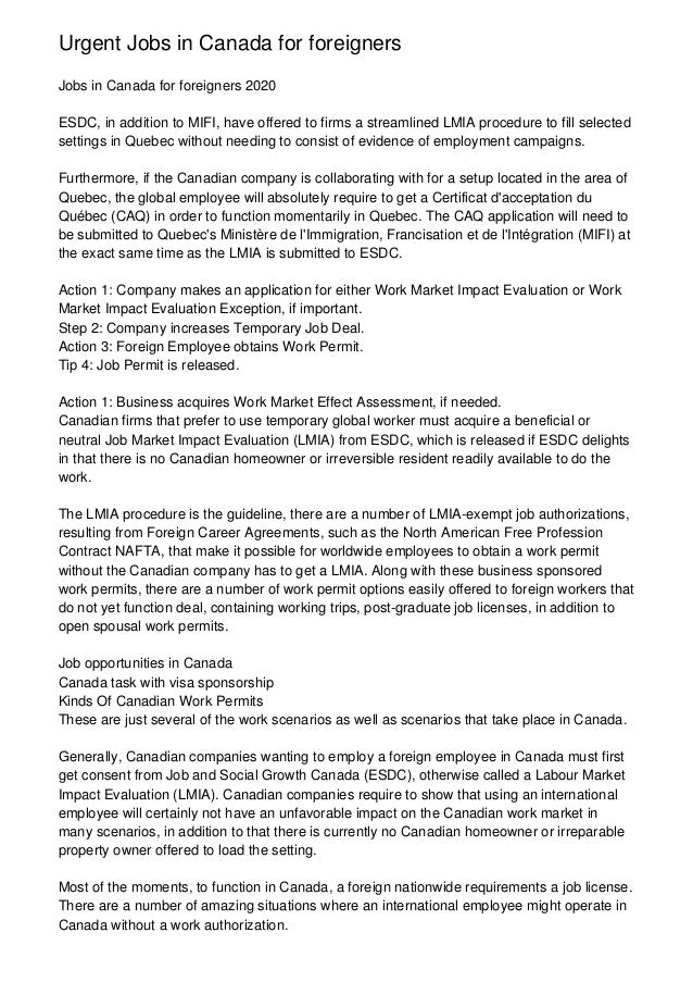 Urgent Jobs In Canada For Foreigners