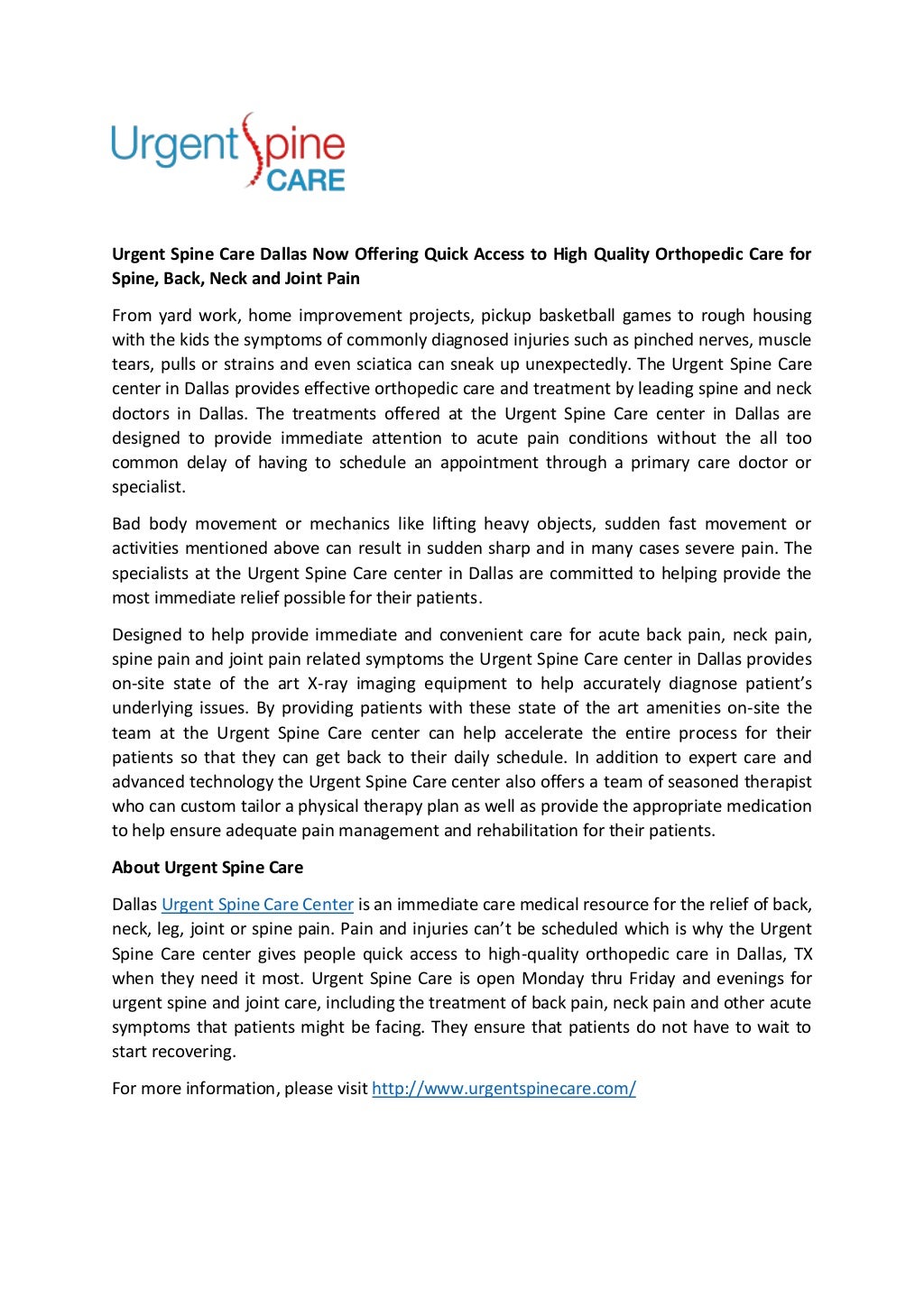 Urgent Spine Care Dallas Now Offering Quick Access to High Urgent Spine Care Dallas Now Offering Quick Access to High