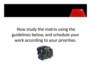 Now study the matrix using the 
  Now study the matrix using the
guidelines below, and schedule your 
 work according to your priorities.
     k      di t          i iti
 