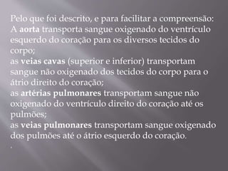 Pelo que foi descrito, e para facilitar a compreensão:
A aorta transporta sangue oxigenado do ventrículo
esquerdo do coração para os diversos tecidos do
corpo;
as veias cavas (superior e inferior) transportam
sangue não oxigenado dos tecidos do corpo para o
átrio direito do coração;
as artérias pulmonares transportam sangue não
oxigenado do ventrículo direito do coração até os
pulmões;
as veias pulmonares transportam sangue oxigenado
dos pulmões até o átrio esquerdo do coração.
.
 