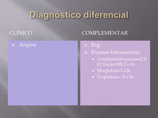 CLÍNICO COMPLEMENTAR
 Angina  Ecg
 Exames laboratoriais
 Creatinofosfoquinase(CP
K) fração MB:3 a 6h
 Mioglobina:1 a2h
 Troponinas : 4 a 8h
 
