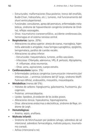 92                                              A. Jiménez Asín, J. Ruiz Contreras


     – Estructurales: malformaciones (fosa posterior, tronco del encéfalo,
       Budd-Chiari, hidrocefalia, etc.), tumores, mal funcionamiento del
       shunt ventriculoperitoneal.
     – Funcionales: convulsiones, apnea del prematuro, enfermedades meta-
       bólicas, síndrome de hipoventilación congénita (síndrome de Ondi-
       na), reflejos vasovagales.
     – Otras: traumatismo craneoencefálico, accidente cerebrovascular,
       hemorragias en el sistema nervioso central.
•    Respiratorias: (aprox. 20%).
     – Alteraciones vía aérea superior: atresia de coanas, macroglosia, hiper-
       trofia adenoide o amigdalar, masa faríngea supraglótica, epiglotitis,
       laringomalacia, parálisis de cuerdas vocales.
     – Alteraciones vía aérea inferior:
       - Estructurales: traqueomalacia, tumores, anillos vasculares.
       - Infecciosas: Chlamydia, adenovirus, VRS, B. pertussis, Mycoplasma,
         H. influenzae, otras neumonías.
       - Otras: asma, aspiraciones, cuerpo extraño.
•    Cardiovasculares (aprox. 5%)
     – Enfermedades cardiacas congénitas (comunicación interventricular/
       interauricular…) arritmias (síndrome del QT largo, síndrome Wolff-
       Parkinson-White), endocarditis, miocarditis, miocardiopatía.
•    Metabólicas (menos del 5%).
     – Hidratos de carbono: hipoglucemia, galactosemia, fructosemia, glu-
       cogenosis.
     – Proteínas: aminoacidopatías.
     – Lípidos: lipoidosis, β-oxidación de los ácidos grasos.
     – Alteraciones iónicas: hipocalcemia, hipomagnesemia.
     – Otras: alteraciones endocrinas o electrolíticas, síndrome de Reye, sín-
       drome de Leigh.
•    Hematológicas:
     – Anemia, sepsis, anafilaxia.
•    Maltrato infantil:
     – Síndrome de Münchaussen por poderes (ahogo, sobredosis de sal
       intencional, sobredosis farmacológica, maltrato psíquico, traumatis-
       mo craneal).
     – Asfixia (intencional o no).
 