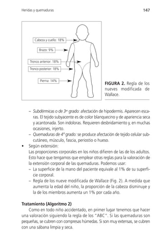 Heridas y quemaduras                                                    147




        Cabeza y cuello: 18%

           Brazo: 9%


     Tronco anterior: 18%

     Tronco posterior: 18%


            Pierna: 14%
                                                 FIGURA 2. Regla de los
                                                 nueves modificada de
                                                 Wallace.


    – Subdérmicas o de 3er grado: afectación de hipodermis. Aparecen esca-
       ras. El tejido subyacente es de color blanquecino y de apariencia seca
       y acantonada. Son indoloras. Requieren desbridamiento y, en muchas
       ocasiones, injerto.
    – Quemaduras de 4º grado: se produce afectación de tejido celular sub-
       cutáneo, músculo, fascia, periostio o hueso.
•   Según extensión:
    Las proporciones corporales en los niños difieren de las de los adultos.
    Esto hace que tengamos que emplear otras reglas para la valoración de
    la extensión corporal de las quemaduras. Podemos usar:
    – La superficie de la mano del paciente equivale al 1% de su superfi-
       cie corporal.
    – Regla de los nueve modificada de Wallace (Fig. 2). A medida que
       aumenta la edad del niño, la proporción de la cabeza disminuye y
       la de los miembros aumenta un 1% por cada año.

Tratamiento (Algoritmo 2)
    Como en todo niño accidentado, en primer lugar tenemos que hacer
una valoración siguiendo la regla de los “ABC“. Si las quemaduras son
pequeñas, se cubren con compresas húmedas. Si son muy extensas, se cubren
con una sábana limpia y seca.
 