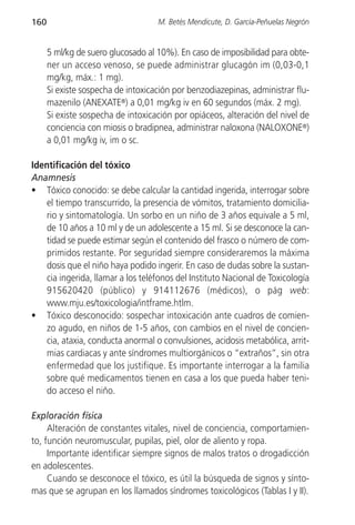 160                                 M. Betés Mendicute, D. García-Peñuelas Negrón


      5 ml/kg de suero glucosado al 10%). En caso de imposibilidad para obte-
      ner un acceso venoso, se puede administrar glucagón im (0,03-0,1
      mg/kg, máx.: 1 mg).
      Si existe sospecha de intoxicación por benzodiazepinas, administrar flu-
      mazenilo (ANEXATE®) a 0,01 mg/kg iv en 60 segundos (máx. 2 mg).
      Si existe sospecha de intoxicación por opiáceos, alteración del nivel de
      conciencia con miosis o bradipnea, administrar naloxona (NALOXONE®)
      a 0,01 mg/kg iv, im o sc.

Identificación del tóxico
Anamnesis
• Tóxico conocido: se debe calcular la cantidad ingerida, interrogar sobre
   el tiempo transcurrido, la presencia de vómitos, tratamiento domicilia-
   rio y sintomatología. Un sorbo en un niño de 3 años equivale a 5 ml,
   de 10 años a 10 ml y de un adolescente a 15 ml. Si se desconoce la can-
   tidad se puede estimar según el contenido del frasco o número de com-
   primidos restante. Por seguridad siempre consideraremos la máxima
   dosis que el niño haya podido ingerir. En caso de dudas sobre la sustan-
   cia ingerida, llamar a los teléfonos del Instituto Nacional de Toxicología
   915620420 (público) y 914112676 (médicos), o pág web:
   www.mju.es/toxicologia/intframe.htlm.
• Tóxico desconocido: sospechar intoxicación ante cuadros de comien-
   zo agudo, en niños de 1-5 años, con cambios en el nivel de concien-
   cia, ataxia, conducta anormal o convulsiones, acidosis metabólica, arrit-
   mias cardiacas y ante síndromes multiorgánicos o “extraños”, sin otra
   enfermedad que los justifique. Es importante interrogar a la familia
   sobre qué medicamentos tienen en casa a los que pueda haber teni-
   do acceso el niño.

Exploración física
     Alteración de constantes vitales, nivel de conciencia, comportamien-
to, función neuromuscular, pupilas, piel, olor de aliento y ropa.
     Importante identificar siempre signos de malos tratos o drogadicción
en adolescentes.
     Cuando se desconoce el tóxico, es útil la búsqueda de signos y sínto-
mas que se agrupan en los llamados síndromes toxicológicos (Tablas I y II).
 
