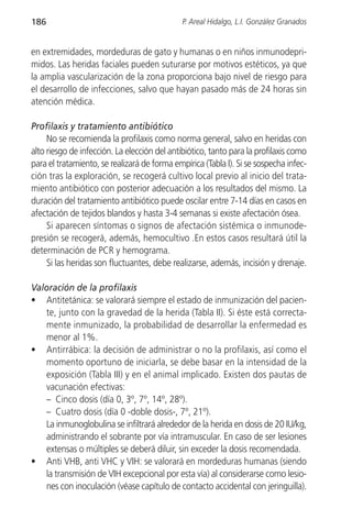 186                                           P. Areal Hidalgo, L.I. González Granados


en extremidades, mordeduras de gato y humanas o en niños inmunodepri-
midos. Las heridas faciales pueden suturarse por motivos estéticos, ya que
la amplia vascularización de la zona proporciona bajo nivel de riesgo para
el desarrollo de infecciones, salvo que hayan pasado más de 24 horas sin
atención médica.

Profilaxis y tratamiento antibiótico
     No se recomienda la profilaxis como norma general, salvo en heridas con
alto riesgo de infección. La elección del antibiótico, tanto para la profilaxis como
para el tratamiento, se realizará de forma empírica (Tabla I). Si se sospecha infec-
ción tras la exploración, se recogerá cultivo local previo al inicio del trata-
miento antibiótico con posterior adecuación a los resultados del mismo. La
duración del tratamiento antibiótico puede oscilar entre 7-14 días en casos en
afectación de tejidos blandos y hasta 3-4 semanas si existe afectación ósea.
     Si aparecen síntomas o signos de afectación sistémica o inmunode-
presión se recogerá, además, hemocultivo .En estos casos resultará útil la
determinación de PCR y hemograma.
     Si las heridas son fluctuantes, debe realizarse, además, incisión y drenaje.

Valoración de la profilaxis
• Antitetánica: se valorará siempre el estado de inmunización del pacien-
   te, junto con la gravedad de la herida (Tabla II). Si éste está correcta-
   mente inmunizado, la probabilidad de desarrollar la enfermedad es
   menor al 1%.
• Antirrábica: la decisión de administrar o no la profilaxis, así como el
   momento oportuno de iniciarla, se debe basar en la intensidad de la
   exposición (Tabla III) y en el animal implicado. Existen dos pautas de
   vacunación efectivas:
   – Cinco dosis (día 0, 3º, 7º, 14º, 28º).
   – Cuatro dosis (día 0 -doble dosis-, 7º, 21º).
   La inmunoglobulina se infiltrará alrededor de la herida en dosis de 20 IU/kg,
   administrando el sobrante por vía intramuscular. En caso de ser lesiones
   extensas o múltiples se deberá diluir, sin exceder la dosis recomendada.
• Anti VHB, anti VHC y VIH: se valorará en mordeduras humanas (siendo
   la transmisión de VIH excepcional por esta vía) al considerarse como lesio-
   nes con inoculación (véase capítulo de contacto accidental con jeringuilla).
 