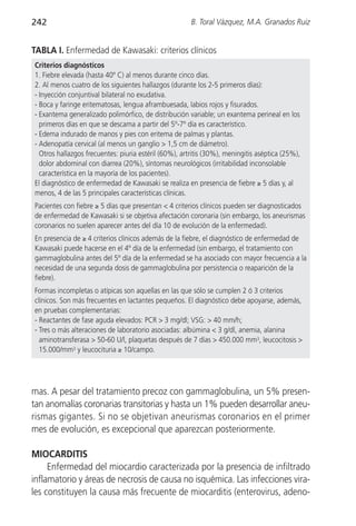 242                                                    B. Toral Vázquez, M.A. Granados Ruiz


TABLA I. Enfermedad de Kawasaki: criterios clínicos
Criterios diagnósticos
1. Fiebre elevada (hasta 40º C) al menos durante cinco días.
2. Al menos cuatro de los siguientes hallazgos (durante los 2-5 primeros días):
- Inyección conjuntival bilateral no exudativa.
- Boca y faringe eritematosas, lengua aframbuesada, labios rojos y fisurados.
- Exantema generalizado polimórfico, de distribución variable; un exantema perineal en los
  primeros días en que se descama a partir del 5º-7º día es característico.
- Edema indurado de manos y pies con eritema de palmas y plantas.
- Adenopatía cervical (al menos un ganglio > 1,5 cm de diámetro).
  Otros hallazgos frecuentes: piuria estéril (60%), artritis (30%), meningitis aséptica (25%),
  dolor abdominal con diarrea (20%), síntomas neurológicos (irritabilidad inconsolable
  característica en la mayoría de los pacientes).
El diagnóstico de enfermedad de Kawasaki se realiza en presencia de fiebre ≥ 5 días y, al
menos, 4 de las 5 principales características clínicas.
Pacientes con fiebre ≥ 5 días que presentan < 4 criterios clínicos pueden ser diagnosticados
de enfermedad de Kawasaki si se objetiva afectación coronaria (sin embargo, los aneurismas
coronarios no suelen aparecer antes del día 10 de evolución de la enfermedad).
En presencia de ≥ 4 criterios clínicos además de la fiebre, el diagnóstico de enfermedad de
Kawasaki puede hacerse en el 4º día de la enfermedad (sin embargo, el tratamiento con
gammaglobulina antes del 5º día de la enfermedad se ha asociado con mayor frecuencia a la
necesidad de una segunda dosis de gammaglobulina por persistencia o reaparición de la
fiebre).
Formas incompletas o atípicas son aquellas en las que sólo se cumplen 2 ó 3 criterios
clínicos. Son más frecuentes en lactantes pequeños. El diagnóstico debe apoyarse, además,
en pruebas complementarias:
- Reactantes de fase aguda elevados: PCR > 3 mg/dl; VSG: > 40 mm/h;
- Tres o más alteraciones de laboratorio asociadas: albúmina < 3 g/dl, anemia, alanina
  aminotransferasa > 50-60 U/l, plaquetas después de 7 días > 450.000 mm3, leucocitosis >
  15.000/mm3 y leucocituria ≥ 10/campo.




mas. A pesar del tratamiento precoz con gammaglobulina, un 5% presen-
tan anomalías coronarias transitorias y hasta un 1% pueden desarrollar aneu-
rismas gigantes. Si no se objetivan aneurismas coronarios en el primer
mes de evolución, es excepcional que aparezcan posteriormente.

MIOCARDITIS
     Enfermedad del miocardio caracterizada por la presencia de infiltrado
inflamatorio y áreas de necrosis de causa no isquémica. Las infecciones vira-
les constituyen la causa más frecuente de miocarditis (enterovirus, adeno-
 