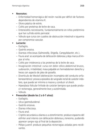 Hemorragia digestiva                                                   359


•   Neonatos:
    – Enfermedad hemorrágica del recién nacido por déficit de factores
      dependientes de vitamina K.
    – Úlcera péptica de estrés.
    – Colitis por proteínas de leche de vaca.
    – Enterocolitis necrotizante, fundamentalmente en niños pretérmino
      que han sufrido estrés perinatal.
    – Vólvulo que cursa con cuadros de obstrucción intestinal e isquemia
      por compromiso vascular.
•   Lactante:
    – Esofagitis.
    – Gastritis erosiva.
    – Diarreas infecciosas (Salmonella, Shigella, Campylobacter, etc.).
    – Fisura anal: se acompaña de defecación dolorosa y deja marca al lim-
      piar al niño.
    – Colitis por intolerancia a las proteínas de la leche de vaca.
    – Invaginación intestinal: cursa con dolor cólico abdominal brusco,
      sudoración, irritabilidad, masa palpable en hemiabdomen derecho y
      heces con aspecto de jalea de grosella.
    – Divertículo de Meckel (obliteración incompleta del conducto onfa-
      lomesentérico): provoca episodios de sangrado rectal de carácter indo-
      loro, que puede ser mínimo o masivo y conducir al shock.
    – Hiperplasia folicular linfoide de carácter benigno que puede produ-
      cir rectorragia, generalmente leve y autolimitada.
    – Vólvulo.
•   Preescolar (desde los 2 a 6-7 años):
    – Esofagitis.
    – Ulcus gastroduodenal.
    – Gastritis erosivas.
    – Diarrea infecciosa.
    – Fisura anal.
    – Criptitis secundaria a diarrea o a estreñimiento: produce espasmo del
      esfínter anal interno con defecación dolorosa y tenesmo, pudiendo
      aparecer sangre roja al final de la deposición.
    – Pólipo juvenil: produce pequeñas rectorragias aisladas pero recidi-
      vantes.
 