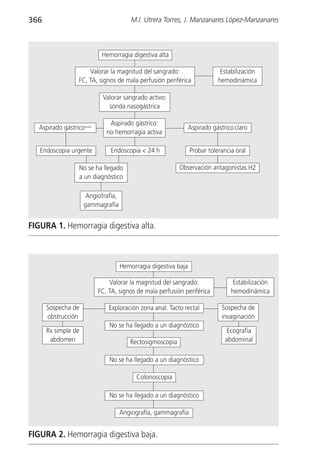 366                                      M.I. Utrera Torres, J. Manzanares López-Manzanares



                           Hemorragia digestiva alta

                      Valorar la magnitud del sangrado:                      Estabilización
                  FC, TA, signos de mala perfusión periférica               hemodinámica

                            Valorar sangrado activo:
                              sonda nasogástrica

                              Aspirado gástrico:
   Aspirado gástrico+++                                          Aspirado gástrico claro
                             no hemorragia activa

   Endoscopia urgente          Endoscopia < 24 h                 Probar tolerancia oral

                  No se ha llegado                         Observación antagonistas H2
                  a un diagnóstico

                      Angiofrafía,
                     gammagrafía


FIGURA 1. Hemorragia digestiva alta.



                                     Hemorragia digestiva baja

                              Valorar la magnitud del sangrado:                   Estabilización
                          FC, TA, signos de mala perfusión periférica            hemodinámica

      Sospecha de             Exploración zona anal. Tacto rectal             Sospecha de
      obstrucción                                                             invaginación
                              No se ha llegado a un diagnóstico
      Rx simple de                                                              Ecografía
       abdomen                          Rectosigmoscopia                       abdominal

                              No se ha llegado a un diagnóstico

                                           Colonoscopia

                              No se ha llegado a un diagnóstico

                                     Angiografía, gammagrafía


FIGURA 2. Hemorragia digestiva baja.
 