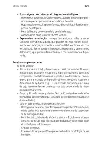 Ictericia neonatal                                                     379


     – Buscar signos que orienten el diagnóstico etiológico:
       - Hematomas cutáneos, cefalohematoma, aspecto pletórico por poli-
         citemia o palidez por anemia secundaria a hemólisis.
       - Hepatoesplenomegalia por enfermedad hemolítica, infección con-
         génita, hepatopatía.
       - Peso del bebé y porcentaje de la pérdida de peso.
       - Aspecto de la orina (coluria) y heces (acolia).
     – Exploración neurológica. Hay que buscar signos sutiles de ence-
       falopatía bilirrubínica aguda, que pueden ser reversibles: inicial-
       mente con letargia, hipotonía y succión débil, continuando con
       irritabilidad, llanto agudo e hipertonía (retrocolis y opistótonos
       del tronco), que puede alternar también con somnolencia e hipo-
       tonía.

Pruebas complementarias
   Se debe solicitar:
   – Bilirrubina sérica total (y fraccionada si está disponible). El mejor
     método para evaluar el riesgo de la hiperbilirrubinemia severa es
     comprobar el nivel de bilirrubina respecto a la edad sobre el nomo-
     grama para el manejo de hiperbilirrubinemia según la Academia
     Americana de Pediatría (Fig. 1). Un nivel de bilirrubina en el área
     de bajo riesgo conlleva es un riesgo muy bajo de desarrollo de hiper-
     bilirrubinemia severa.
   – Grupo y Rh de la madre y el niño. Test de Coombs directo del niño
     (consúltese con hematología, la sangre de cordón suele guardarse
     durante 8 días).
   – Sólo en caso de duda diagnóstica razonable:
     - Hemograma: descartar policitemia o anemia por hemólisis o hemo-
       rragia oculta (eco abdominal o eco cerebral en caso de sospechar-
       se hemorragia oculta).
     - Perfil hepático. Niveles de albúmina sérica < 3 g/dl se consideran
       un factor de riesgo para toxicidad por bilirrubina y debe hacer bajar
       el umbral para la fototerapia.
     - Cribado de sepsis.
     - Extensión de sangre periférica para estudio de la morfología de los
       hematíes.
 