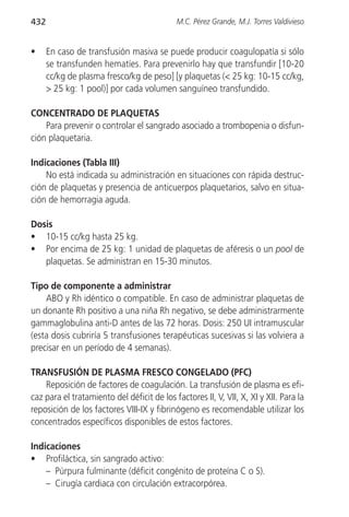 432                                         M.C. Pérez Grande, M.J. Torres Valdivieso


•     En caso de transfusión masiva se puede producir coagulopatía si sólo
      se transfunden hematíes. Para prevenirlo hay que transfundir [10-20
      cc/kg de plasma fresco/kg de peso] [y plaquetas (< 25 kg: 10-15 cc/kg,
      > 25 kg: 1 pool)] por cada volumen sanguíneo transfundido.

CONCENTRADO DE PLAQUETAS
    Para prevenir o controlar el sangrado asociado a trombopenia o disfun-
ción plaquetaria.

Indicaciones (Tabla III)
    No está indicada su administración en situaciones con rápida destruc-
ción de plaquetas y presencia de anticuerpos plaquetarios, salvo en situa-
ción de hemorragia aguda.

Dosis
• 10-15 cc/kg hasta 25 kg.
• Por encima de 25 kg: 1 unidad de plaquetas de aféresis o un pool de
   plaquetas. Se administran en 15-30 minutos.

Tipo de componente a administrar
    ABO y Rh idéntico o compatible. En caso de administrar plaquetas de
un donante Rh positivo a una niña Rh negativo, se debe administrarmente
gammaglobulina anti-D antes de las 72 horas. Dosis: 250 UI intramuscular
(esta dosis cubriría 5 transfusiones terapéuticas sucesivas si las volviera a
precisar en un período de 4 semanas).

TRANSFUSIÓN DE PLASMA FRESCO CONGELADO (PFC)
    Reposición de factores de coagulación. La transfusión de plasma es efi-
caz para el tratamiento del déficit de los factores II, V, VII, X, XI y XII. Para la
reposición de los factores VIII-IX y fibrinógeno es recomendable utilizar los
concentrados específicos disponibles de estos factores.

Indicaciones
• Profiláctica, sin sangrado activo:
    – Púrpura fulminante (déficit congénito de proteína C o S).
    – Cirugía cardiaca con circulación extracorpórea.
 