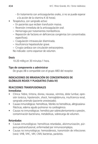 434                                     M.C. Pérez Grande, M.J. Torres Valdivieso


        - En tratamiento con anticoagulantes orales, si no se puede esperar
          a la acción de la vitamina K (6 horas).
•     Terapéutica, con sangrado activo:
      – En pacientes que reciben transfusión masiva.
      – Reversión inmediata de la anticoagulación oral.
      – Hemorragia por tratamientos trombolíticos.
      – Reposición de factores en deficiencias congénitas (sin concentrados
        específicos).
      – Coagulación intravascular diseminada.
      – Insuficiencia hepatocelular grave.
      – Cirugía cardíaca con circulación extracorpórea.
      No indicado: como expansor de volumen.

Dosis
   10-20 ml/kg en 30 minutos-1 hora.

Tipo de componente a administrar
   De grupo AB o compatible con el grupo ABO del receptor.

INDICACIONES DE IRRADIACIÓN DE CONCENTRADOS DE
GLÓBULOS ROJOS Y PLAQUETAS (Tabla IV)

REACCIONES TRANSFUSIONALES
Inmediatas
• Clínica: fiebre, tiritona, disnea, náuseas, vómitos, dolor lumbar, opre-
   sión torácica, hipotensión, shock, hemoglobinuria, insuficiencia renal,
   sangrado anómalo (paciente anestesiado).
• Causas inmunológicas: hemolíticas, febriles no hemolíticas, alérgicas/ana-
   filácticas, edema agudo pulmonar no cardiogénico.
• Causas no inmunológicas: hemólisis por sobrecalentamiento o presión,
   contaminación bacteriana, metabólicas, sobrecarga de volumen.

Retardadas
• Causas inmunológicas: hemolíticas retardadas, aloinmunización, púr-
   pura postransfusional, enfermedad por inmunocomplejos.
• Causas no inmunológicas: hemosiderosis, transmisión de infecciones
   (rara): VHB, VHC, VIH, CMV, bacterias, parásitos.
 