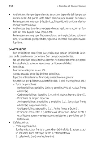 438                                                 J. Díaz Díaz, D. Blázquez Gamero


•     Antibióticos tiempo-dependientes: su acción depende del tiempo por
      encima de la CMI, por lo tanto deben administrarse en dosis frecuentes.
      Pertenecen a este grupo: β-lactámicos, linezolid, eritromicina, claritro-
      micina y lincosamidas.
•     Antibióticos área bajo la curva-dependientes: realizan su acción en fun-
      ción del área bajo la curva (AUC/CMI).
      Pertenecen a este grupo: fluorquinolonas, aminoglucósidos, azitromi-
      cina, tetraciclinas, glicopéptidos, tigecilina, linezolid, quinuprsitina/dal-
      fopritina.

β-LACTÁMICOS
     Son antibióticos con efecto bactericida que actúan inhibiendo la sín-
tesis de la pared celular bacteriana. Son tiempo-dependientes.
     No son efectivos contra formas latentes ni microorganismos sin pared.
     Principal efecto adverso: reacciones de hipersensibilidad.
• Penicilinas.
     Reacciones alérgicas en un 5%.
     Alergia cruzada entre las distintas penicilinas.
     Espectro antibacteriano: Gram(+) y anaerobios en general.
     Resistencias por β-lactamasas (estafilococo, E. coli, P. aeruginosa, etc.).
     – Tipos de penicilinas:
        - Benilpenicilinas: penicilina G (i.v.) y penicilina V (v.o). Activas frente
          a Gram(+).
        - Carboxipenicilinas: ticarcilina (i.m. e i.v.). Activas frente a Gram(-).
        - Penicilinas de amplio espectro:
          Aminopenicilinas: amoxicilina y ampicilina (i.v.). Son activas frente
          a Gram(+) y algunos Gram(-).
          Ureidopenicilina: piperacilina (i.v.). Activa frente a Gram (-).
        - Penicilinas resistentes a β-lactamasas: cloxacilina. Activa frente a
          estafilococo aureus y estreptococos resistentes a penicilina por ß-
          lactamasas.
• Cefalosporinas.
     – Primera generación.
        Son las más activas frente a cocos Gram(+) (incluido S. aureus oxaci-
        lin-sensible). Poca actividad frente a enterobacterias.
        Ej: cefadroxilo (v.o.) y cefazolina (i.v.).
 