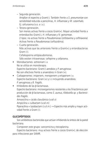 Antibioterapia                                                            439


    – Segunda generación.
       Amplían el espectro a Gram(-). También frente a S. pneumoniae con
       sensibilidad reducida a penicilinas, H. influenzae y M. catarrhalis.
       Ej: cefuroxima (v.o. e i.v.).
    – Tercera generación.
       Son menos activas frente a cocos Gram(+). Mayor actividad frente a
       enterobacilos Gram(-), H. influenzae y N. gonorreae.
       2 tipos: no activas frente a Pseudomonas (cefotaxima y ceftriaxona)
       Activas frente a Pseudomonas (ceftazidima).
    – Cuarta generación.
       Más activas que las anteriores frente a Gram(+) y enterobacterias
       Gram (-).
       Cefalosporina antipseudomonas.
       Sólo existen intravenosas: cefepime y cefpiroma.
•   Monobactames: aztreonam i.v.
    No se utiliza en monoterapia.
    Espectro bacteriano: Gram(-) aerobios y P. aeruginosa.
    No son efectivos frente a anaerobios ni Gram (+).
•   Carbapenemes: imipenem, meropenem y ertapenem i.v.
    Espectro bacteriano: Gram (+) y (–) incluyendo anaerobios.
    P. aeruginosa y B. fragilis.
•   Inhibidores de las β-lactamasas.
    Espectro bacteriano: microorganismos resistentes a los ß-lactámicos por
    producción de β-lactamasas, como S. aureus, Klebsiella sp. y Bacteroi-
    des fragilis.
    Amoxicilina + ácido clavulánico (v.o/i.v)
    Ampicilina + sulbactam (v.o/i.m)
    Piperacilina + tazobactam (i.v./i.m.) → Espectro más amplio y mayor acti-
    vidad frente a Gram (-).

GLICOPÉPTIDOS
    Son antibióticos bactericidas que actúan inhibiendo la síntesis de la pared
bacteriana.
    Componen este grupo: vancomicina y teicoplanina.
    Espectro bacteriano: muy activos frente a cocos Gram(+); de elección
para infecciones por SAMR.
 
